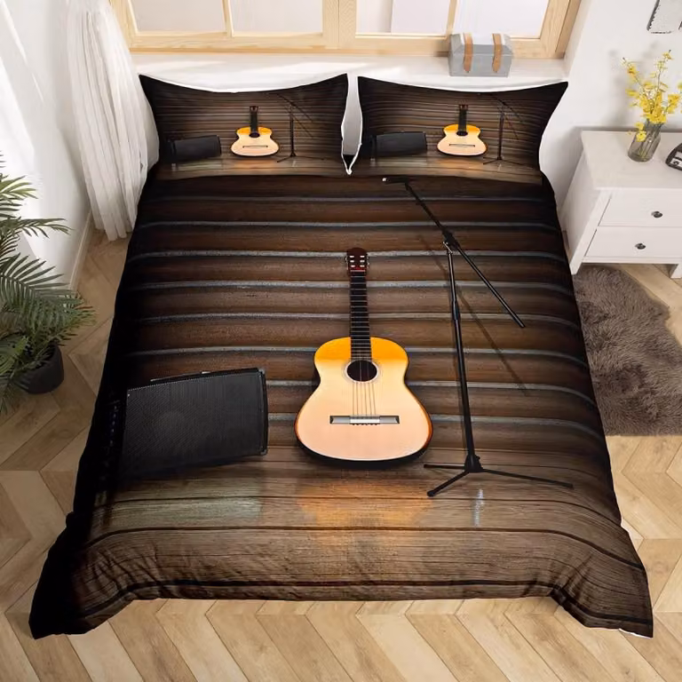 Set di lenzuola matrimoniali con motivo di chitarra, realizzato in morbida microfibra