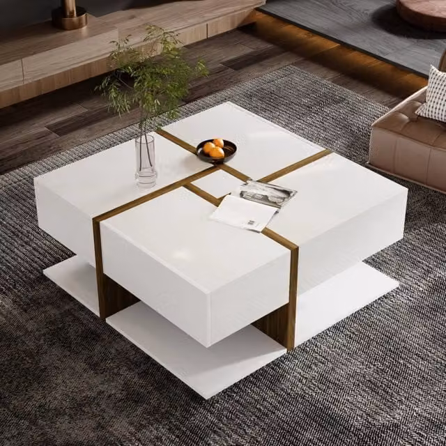 Tavolino basso quadrato OKWISH con 4 cassetti e ampio ripiano inferiore in legno e MDF bianco e marrone L/P/H: 78 x 78 x 34,8 cm