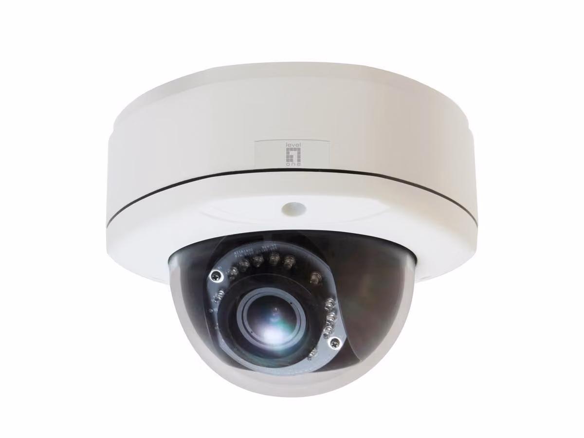 LevelOne FCS-3082, telecamera IP di sicurezza, per uso esterno, cablata, certificazioni CE, FCC, ONVIF, grado di protezione IK10, NEMA 4X, installazione a soffitto/parete, colore nero, colore bianco