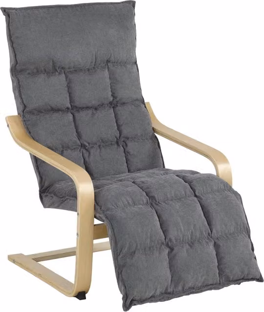 Poltrona Relax Minimal con Poggiapiedi e Dondolo Grigia con Struttura in Legno di Betulla e Metallo