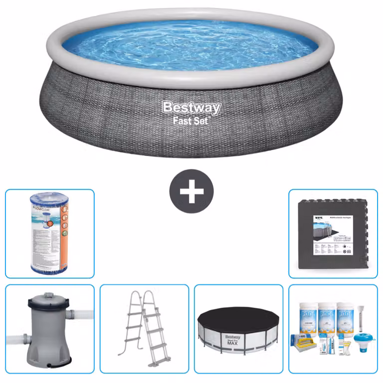 Piscina gonfiabile rotonda Bestway a presa rapida - stampa rattan - 457 x 107 cm - inclusa pompa - copertura a scaletta - pacchetto manutenzione - filtro - piastrelle per pavimento