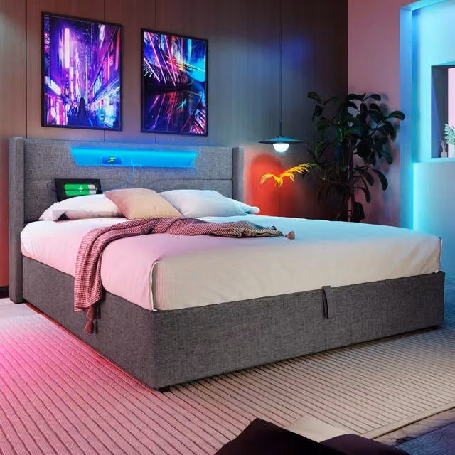 Letto matrimoniale 140x200 cm con LED e contenitore; lino grigio (Senza materasso)