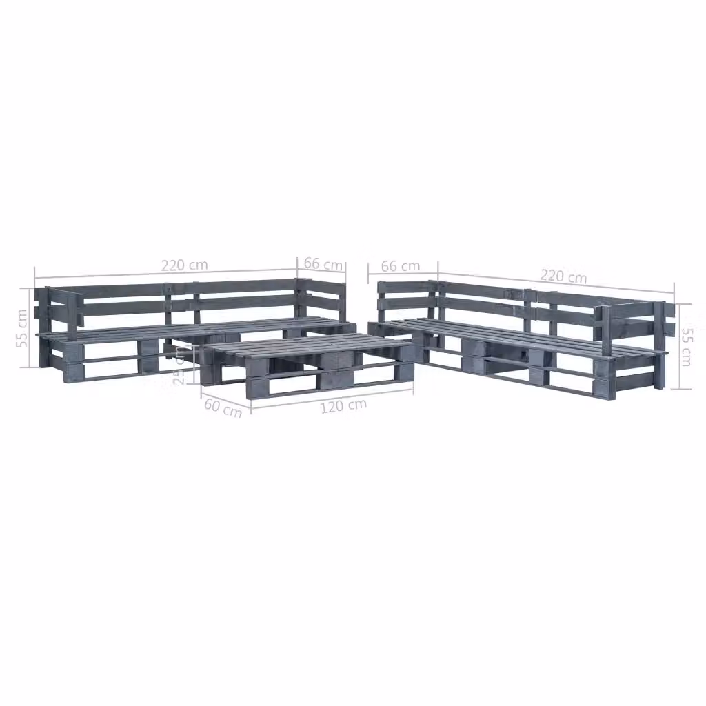 Set da giardino vidaXL in legno di pino con cuscini grigi, composizione a L con divano a 2 posti, elemento angolare e pouf, 6 pezzi – 2