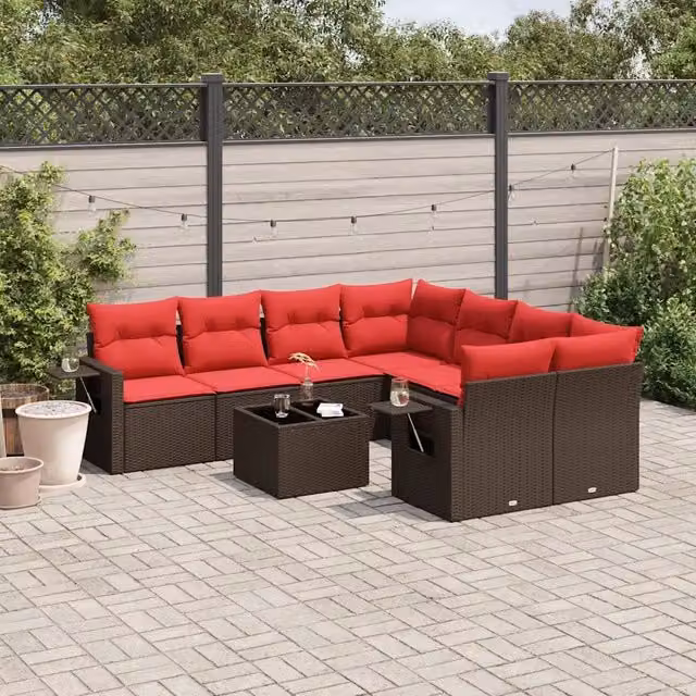Set Divani da Giardino 9 pz con Cuscini Marrone in Polyrattan 3219963