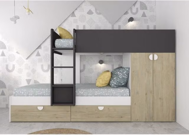Letto a castello moderno per bambini con armadio e cassetti, colore marrone e antracite, L/P/H: 190 x 90 x 147 cm