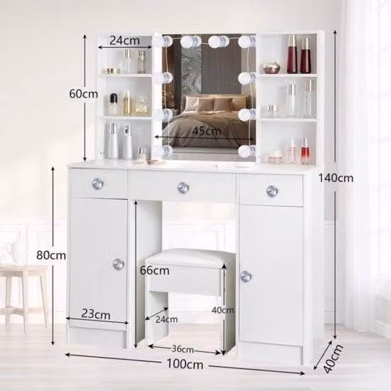 Tavolino da toilette con specchio e luci LED regolabili - Tavolino da toilette con 3 cassetti, 4 ripiani aperti e 2 armadietti - Bianco - 100 x 40 x 140 cm Tavolino da toilette