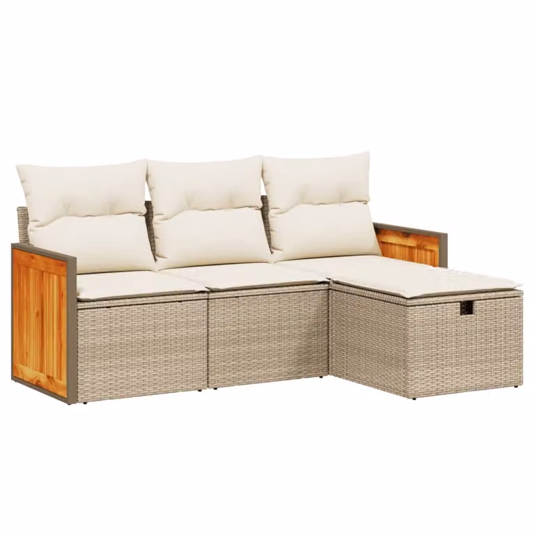 Set Divano da Giardino 4 pz con Cuscini Beige in Polyrattan