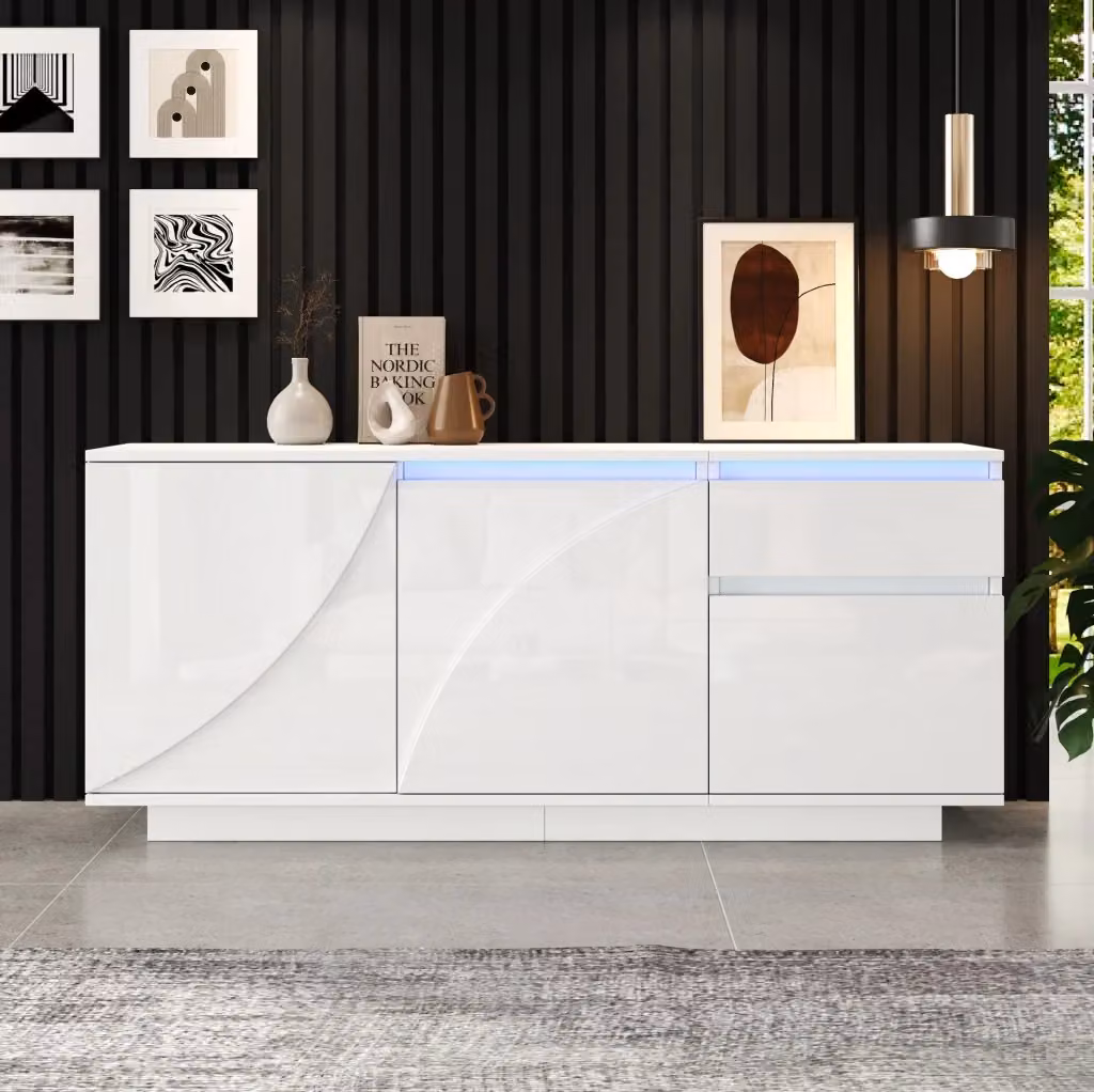 Madia moderna in MDF bianco lucido con 3 ante, 1 cassetto e illuminazione LED, L 140 x P 40 x H 60 cm – 2