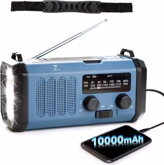 Radio solare a basso consumo energetico - Dispositivo portatile di emergenza - Radio Opwind a energia solare - 10000 mAh - Powerbank solare - Impermeabile