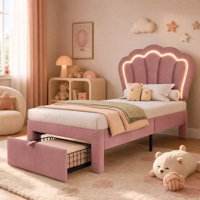 Letto singolo imbottito 90 × 190 cm con LED RGB e cassetto in velluto rosa con testiera regolabile