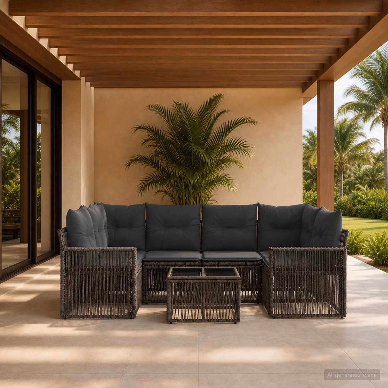 Set Divano da Giardino vidaXL 7 Pezzi a Forma di U in Polyrattan Grigio con Cuscini e Tavolino da Esterno