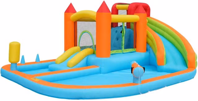 Castello gonfiabile multifunzionale Aosom con scivolo d'acqua, trampolino, canestro da basket e pistola ad acqua, Arancione, L/P/H: 460 x 343 x 190 cm – 1