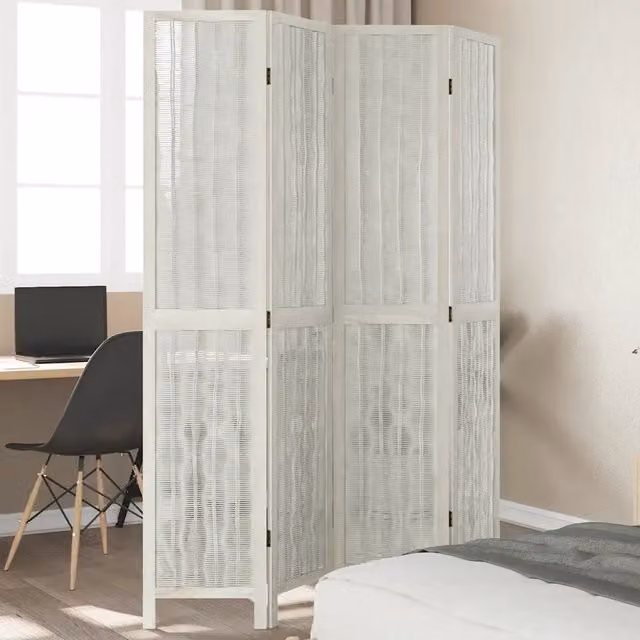 Divisorio Ambienti vidaXL a 4 Pannelli in Legno Massello di Paulownia Bianco con Design Geometrico Matt H: 200 cm x L: 140 cm x P: 140 cm