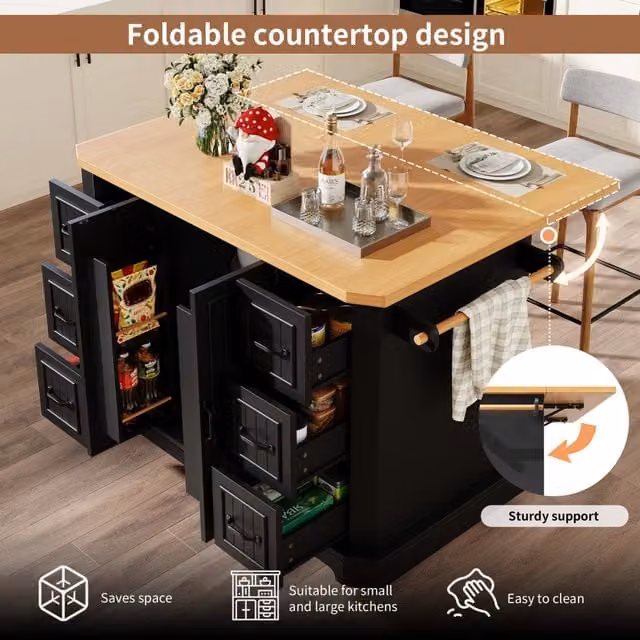 Isola da cucina mobile - Zephmum - 120x45(75)x91 cm - Bianco/Nero - 2 ante e 6 cassetti, rotelle