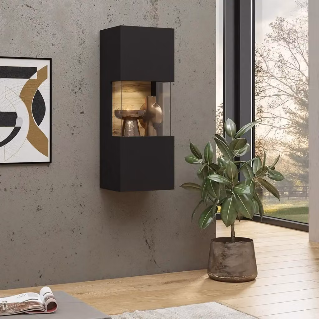 Piccola vetrina sospesa a 1 porta parzialmente vetrata collezione EVA Meublorama, Colore Nero e Rovere, L: 29.5 cm, H: 94.8 cm, P: 35.7 cm – 2