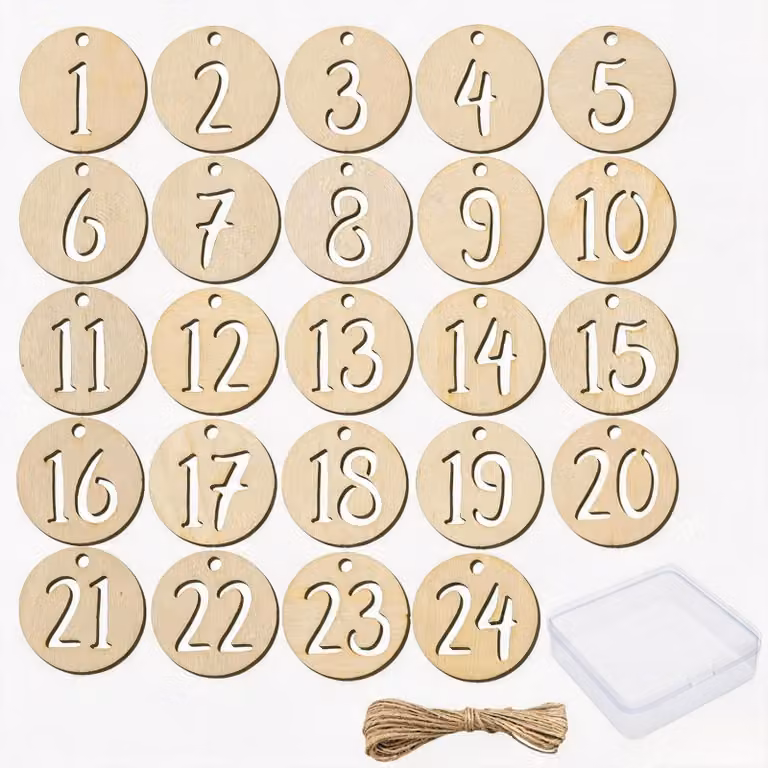 24 numeri in legno per calendari dell'Avvento, diametro 4 cm, forma circolare, con i numeri da 1 a 24