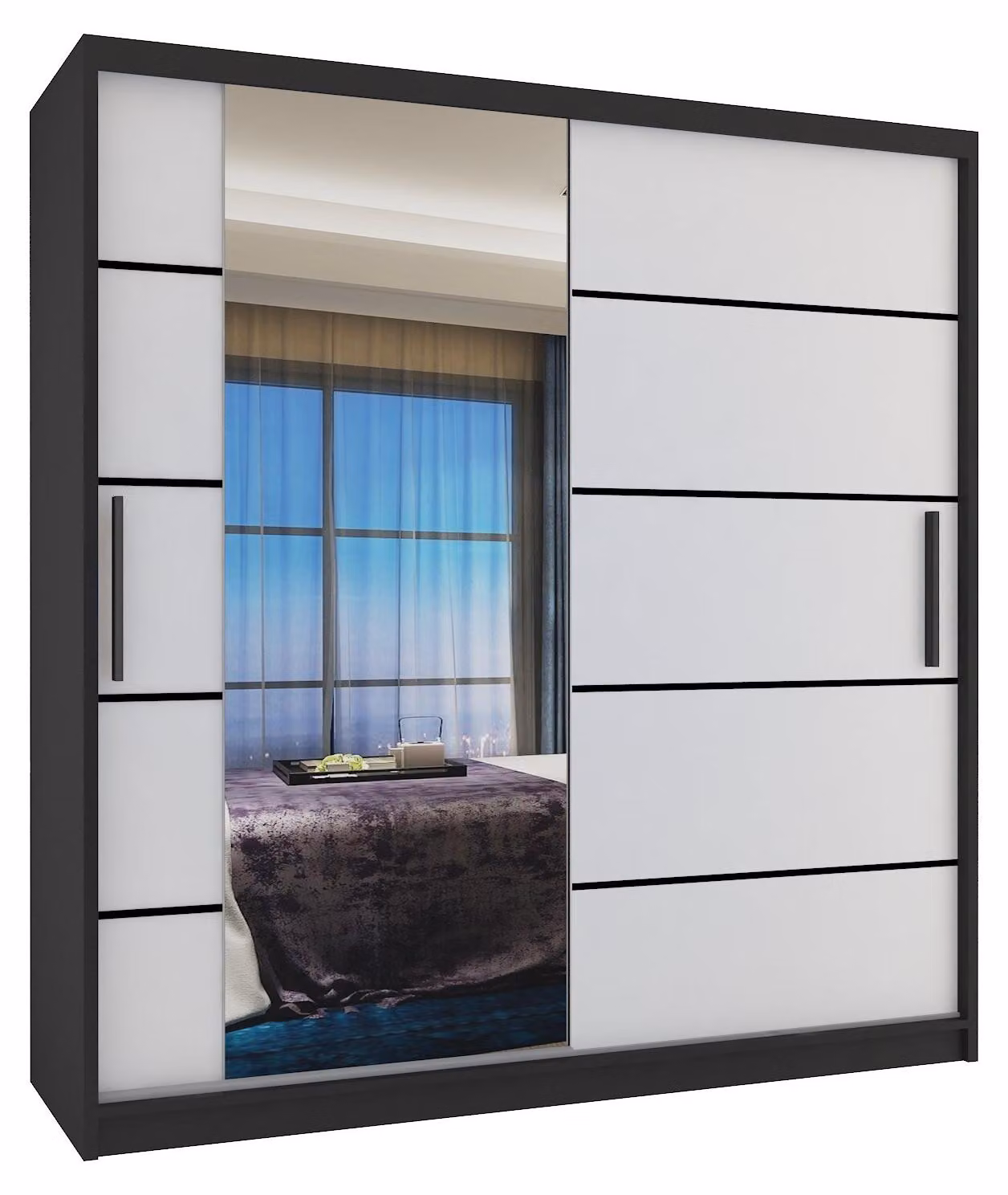 BELINI Verona, armadio scorrevole da 158 cm, nero/bianco opaco - armadio con specchio e 2 cassetti, ideale per la camera da letto