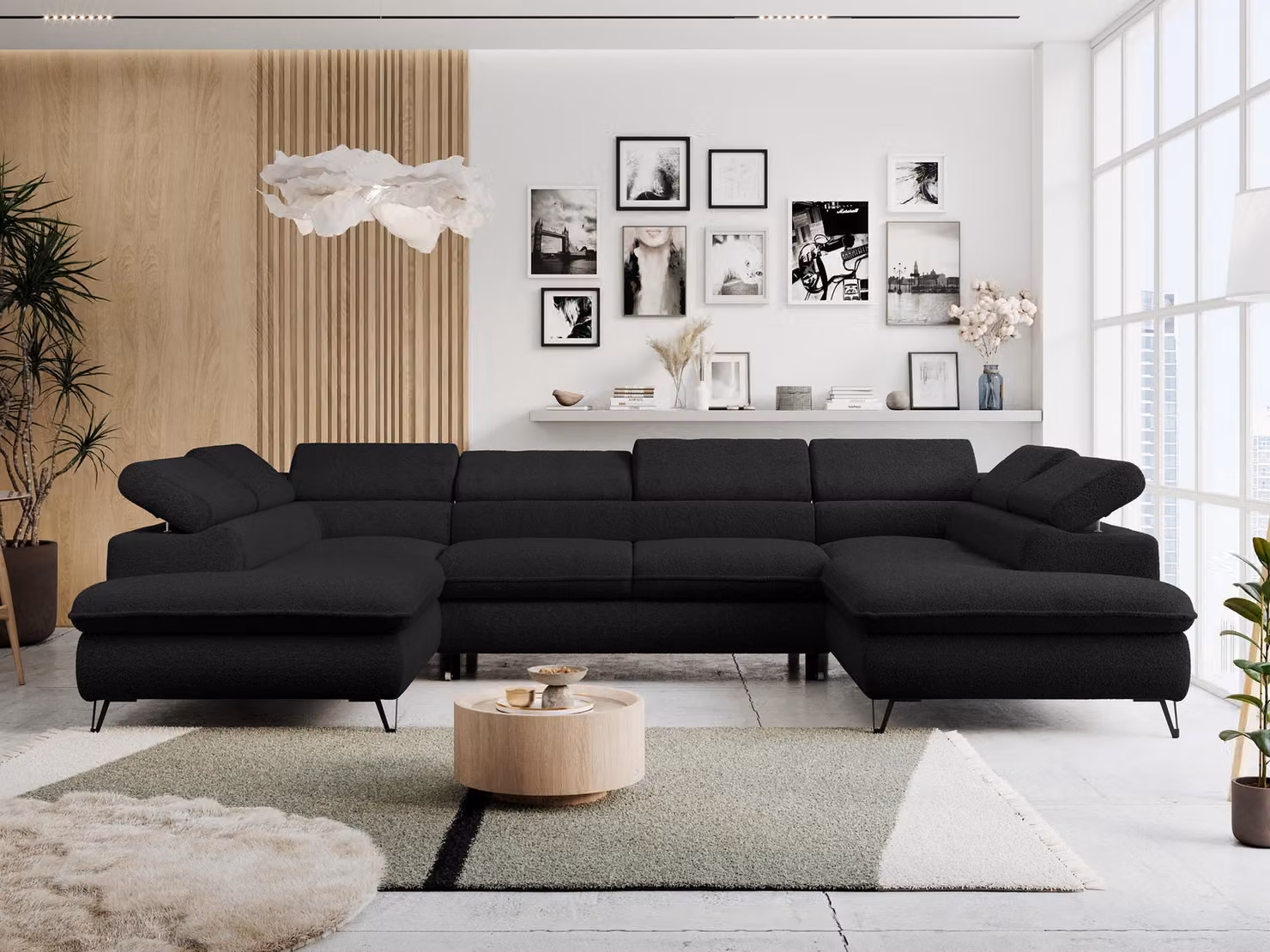 Divano ad angolo con funzione letto, contenitore, forma a U, poggiatesta regolabili, divano da salotto - PETER U - Bouclé - Nero