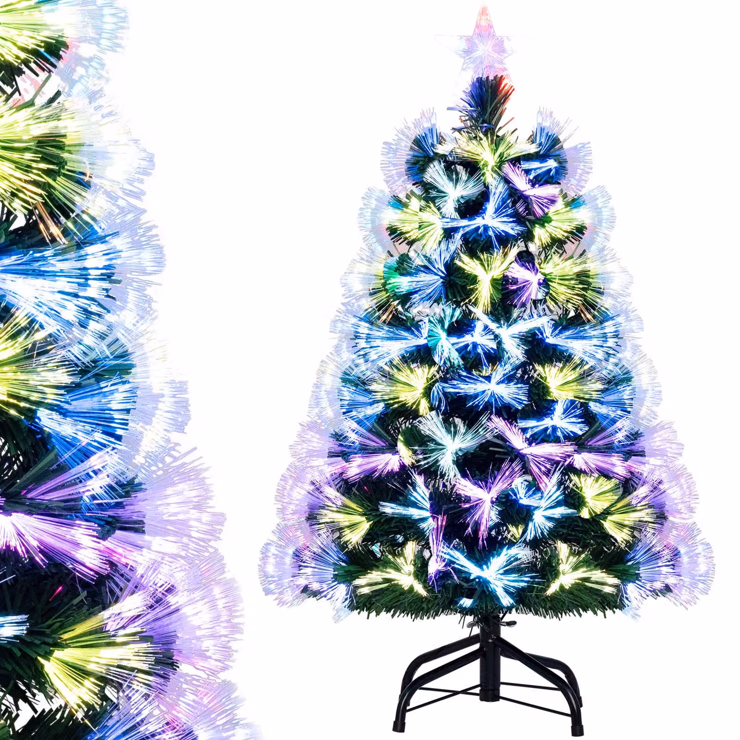 COSTWAY Albero di Natale artificiale da 90 cm, albero di Natale con illuminazione, LED bianchi, 8 modalità, 96 punte di rami in PVC, 96 viola, cima a stella & fibre di vetro