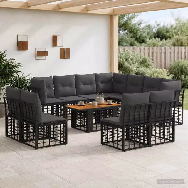 Set Divano da Giardino 12 pz Nero e Grigio scuro polyrattan 3437877