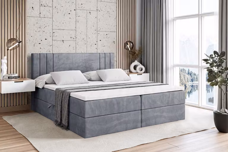 Letto boxspring ALTDECOR con materasso H3 e topper - 200 x 200 cm - IDRIKO - Velluto grigio - Letto imbottito con contenitore e rete a doghe, letto con spazio contenitivo