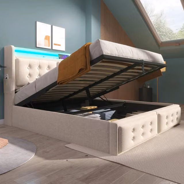 Letto imbottito moderno WISHDOR con contenitore a sollevamento, testiera con luci LED, prese USB e mensola integrata, Beige, L/P/H: 222 x 140 x 141 cm – 1