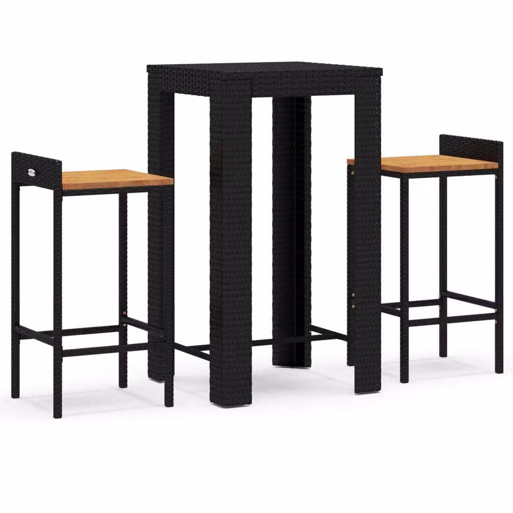 Set Bar Giardino 3 pz Nero Polyrattan e Legno Massello Acacia