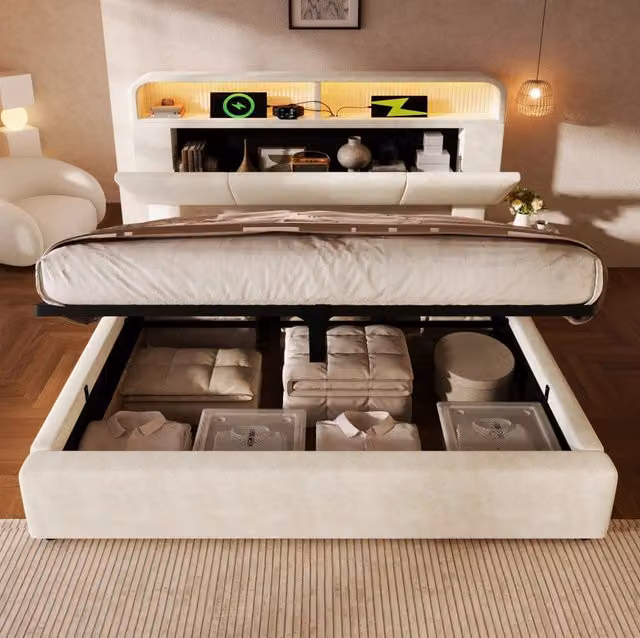 Letto matrimoniale con testiera regolabile e contenitore; LED e USB/Type-C; velluto beige 180x200 cm