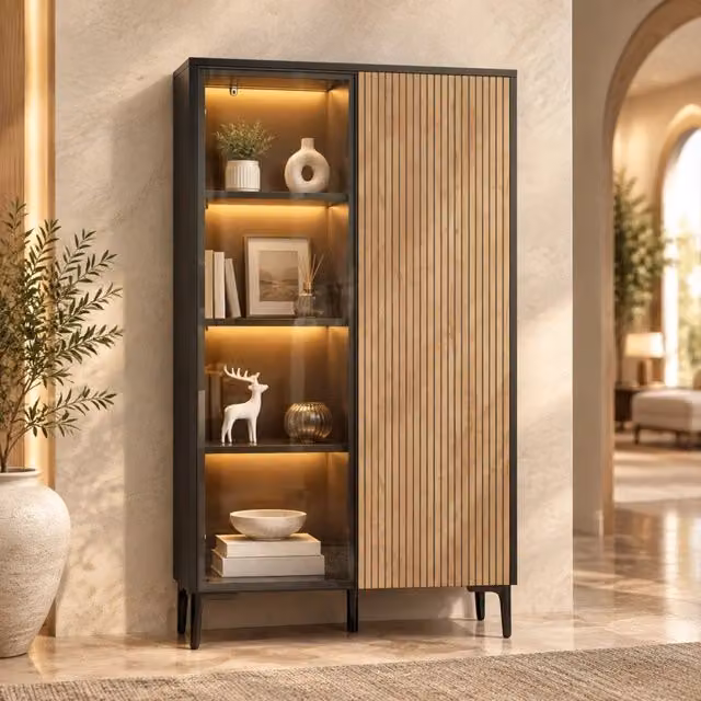 Vetrina moderna in MDF nero e legno, 90 x 40 x 135 cm