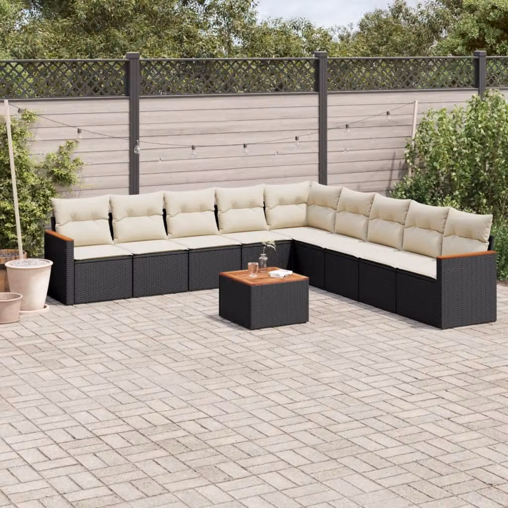 Set di divani da giardino vidaXL a forma di L con cuscini e tavolino, polyrattan nero e struttura in acciaio verniciato a polvere – 1