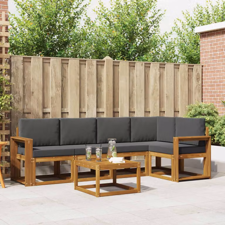Set di divani da esterno vidaXL 6 pz in legno di acacia con tavolo da caffè e cuscini, forma a L, colori beige e antracite