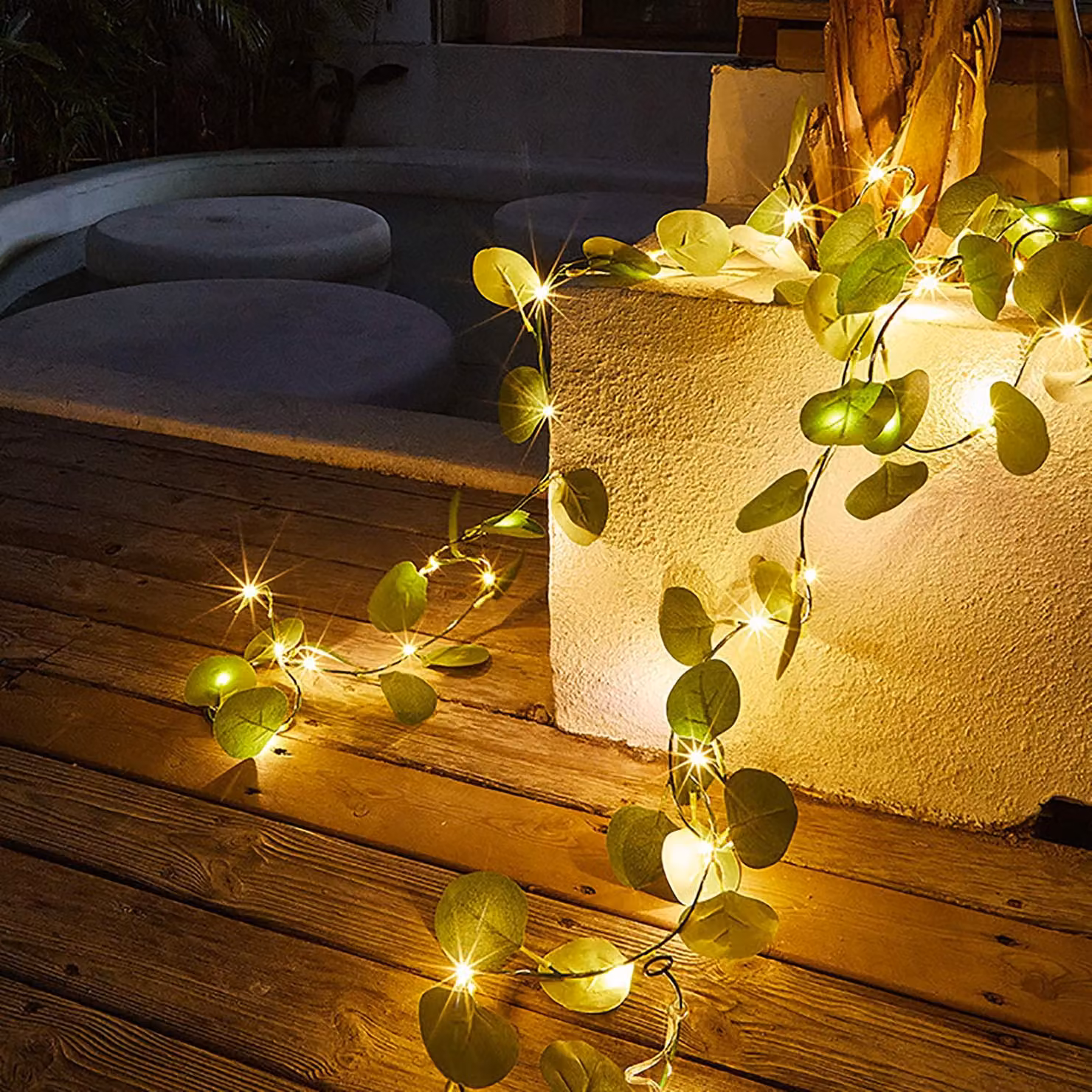 Catena luminosa a LED, eucalipto, 300 LED, alimentata a batteria, 20 cm