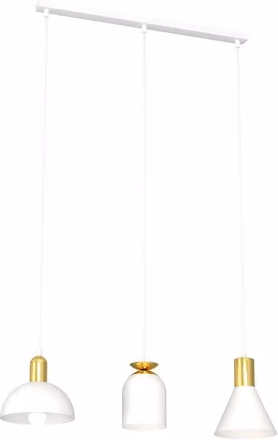 Lampadario a soffitto Luceart-Classic Badb con 3 luci in acciaio bianco e oro con paralumi a cono e altezza regolabile