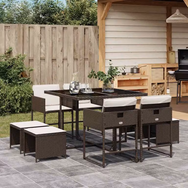 Set da Pranzo da Giardino vidaXL in Polyrattan Marrone con 9 Pezzi e Cuscini