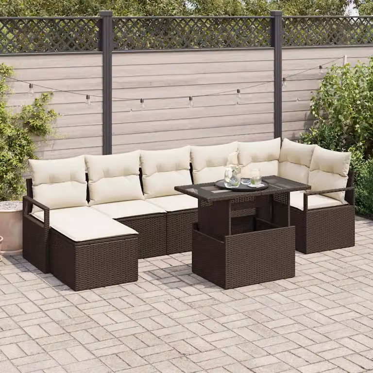 Set Divano da Giardino vidaXL 8 pz Marrone con Cuscini e Tavolino in Poly Rattan e Metallo