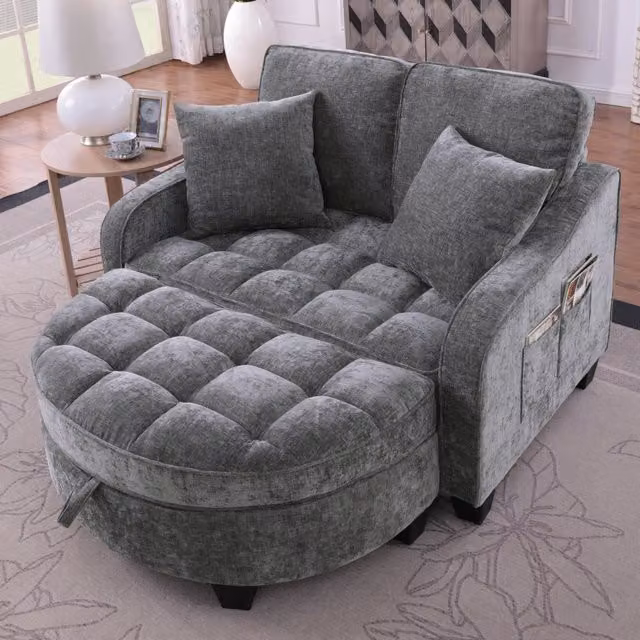 Divano convertibile con contenitore e pouf, in legno di eucalipto e tessuto traspirante grigio scuro per piccoli spazi