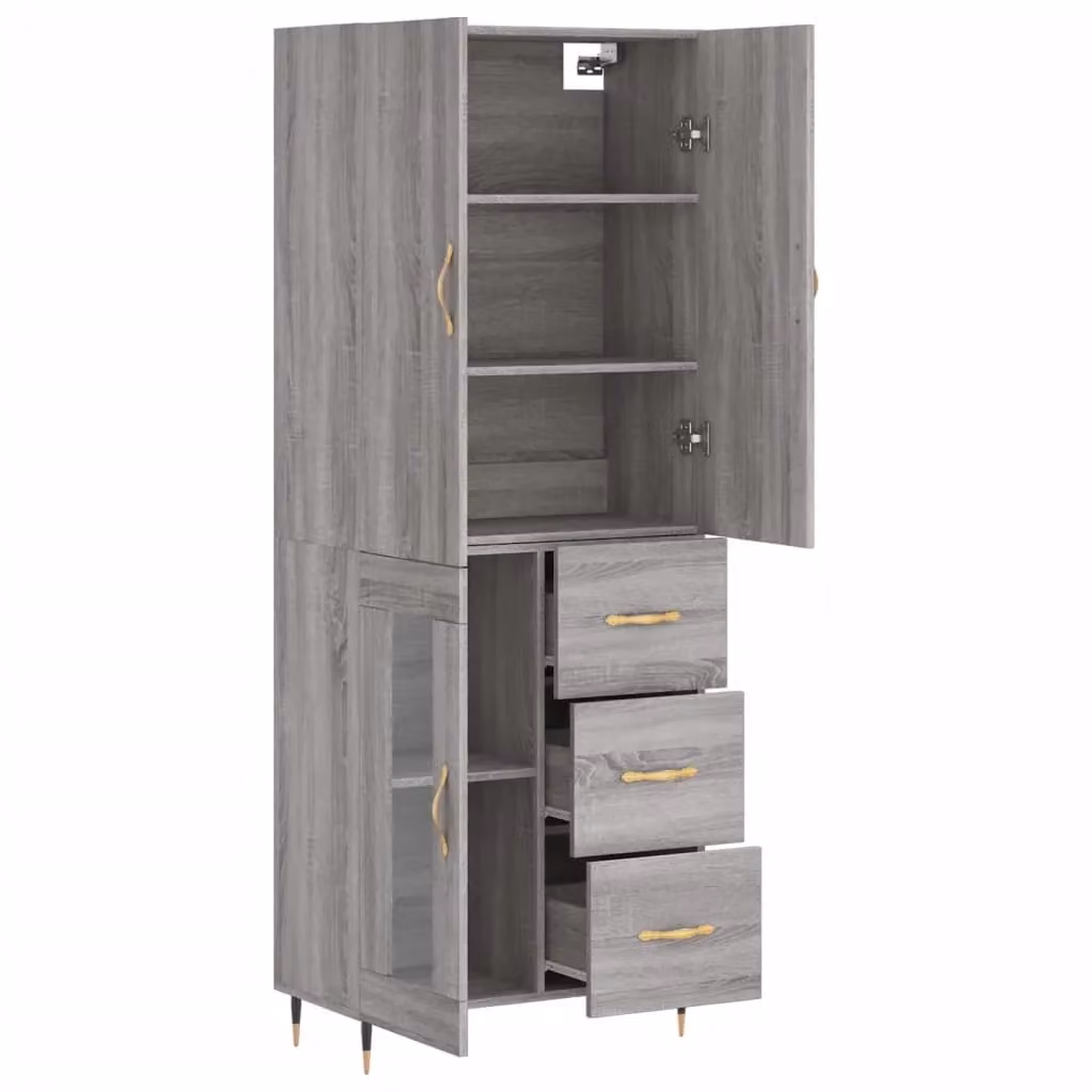 Buffet credenza con cassetti e ante in rovere Sonoma e grigio per cucina o soggiorno H: 180 cm, L: 69,5 cm, P: 34 cm – 2