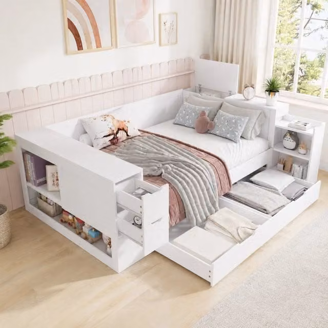 Letto contenitore con cassetti e vano laterale 140x190 cm in MDF bianco