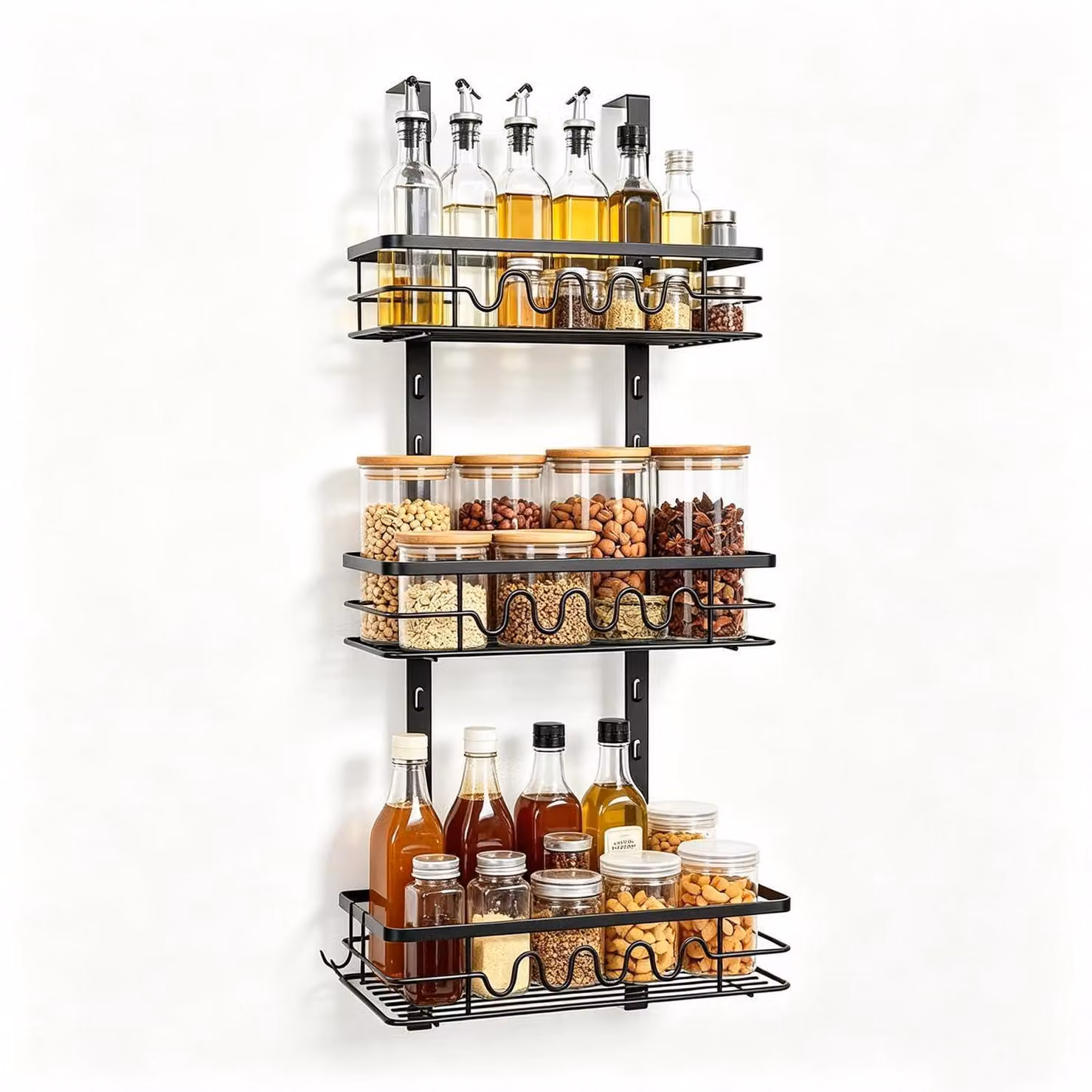 Scaffale porta spezie a 3 ripiani, in metallo nero, da appendere, organizer per porte, dimensioni 79x32x15,5 cm