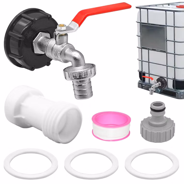 Valvola di scarico per serbatoio IBC, 1/2", con adattatore S60x6, 11 cm, in 2 pezzi.