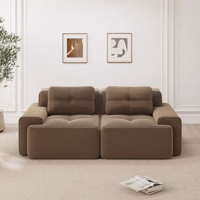 Divano modulare 204x104x69 cm in tessuto corduroy marrone, profondo, per soggiorno piccoli –