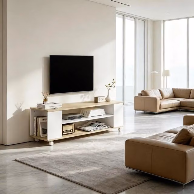 Mobile porta TV con 2 ripiani aperti e 2 vani laterali, da parete o a pavimento, per soggiorno, bianco e naturale