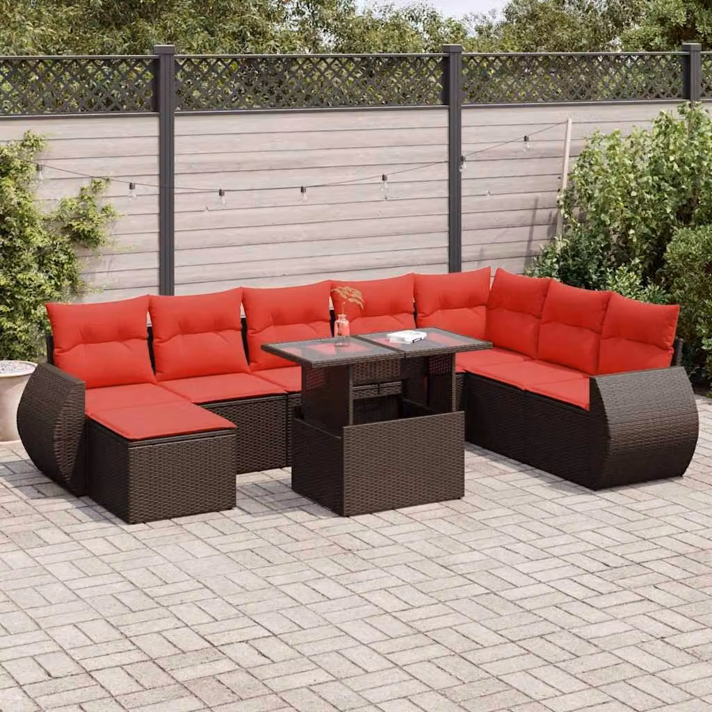 Set Divani da Giardino vidaXL 9 Pezzi in Polyrattan Marrone con Cuscini e Tavolino per Terrazza o Giardino