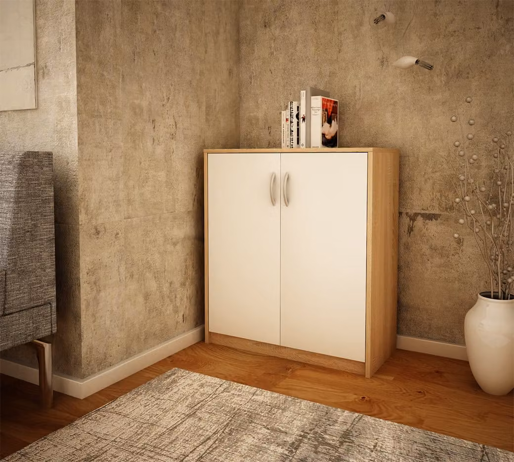 Cassettiera con ante IBOJA – rovere sonoma / bianco
