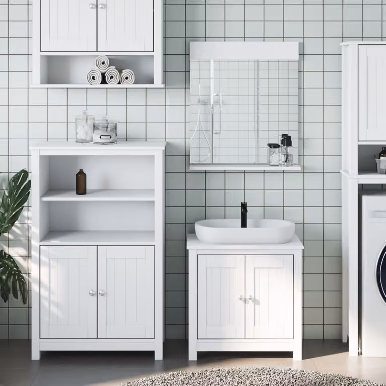 Set di mobili da bagno vidaXL BERG 3 pezzi in legno di pino bianco lacquered con mobile lavabo, mobileto laterale e specchiera a parete