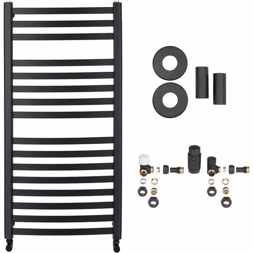 Set radiatore per bagno Paolo - riscaldamento centralizzato - attacco laterale - 604W - nero opaco - 1090x550 mm