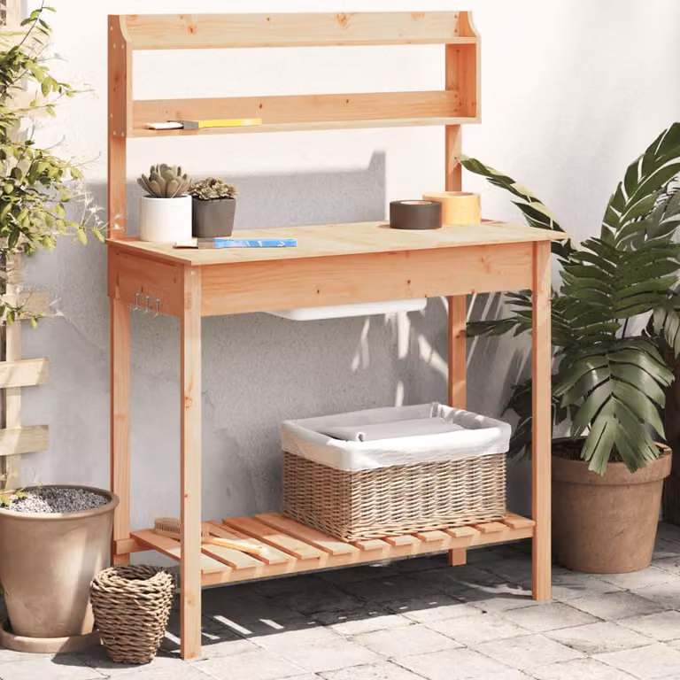 vidaXL Tavolo da giardino con lavello in legno di abete massello, colore marrone, L 147,5 cm x P 44 cm x H 139,5 cm