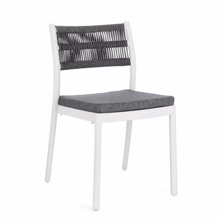 Set di 4 sedie ALVIN in polipropilene bianco e corda intrecciata grigio scuro, impilabili