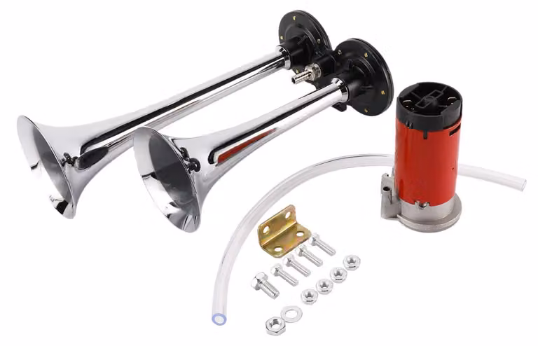Clacson pneumatico da 12V, cromato, a doppia tromba, sirena, compressore