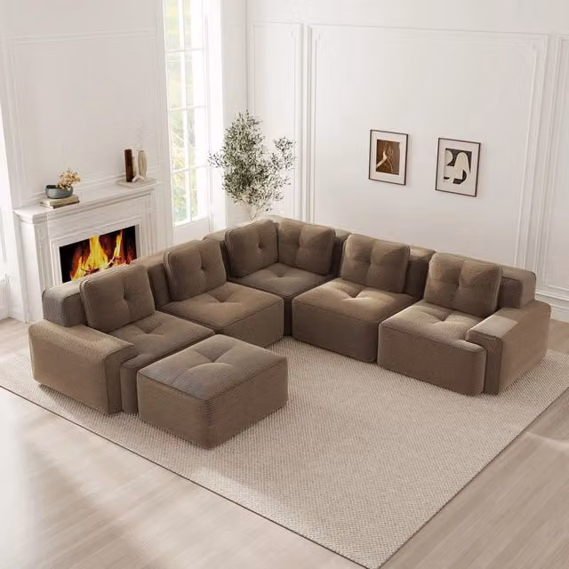 Divano angolare modulare MIVRAY in velluto a coste marrone con schiuma e cuscini coordinati, reversibile e moderno per il tuo soggiorno, L/P/H: 295 x 69 x 69 cm